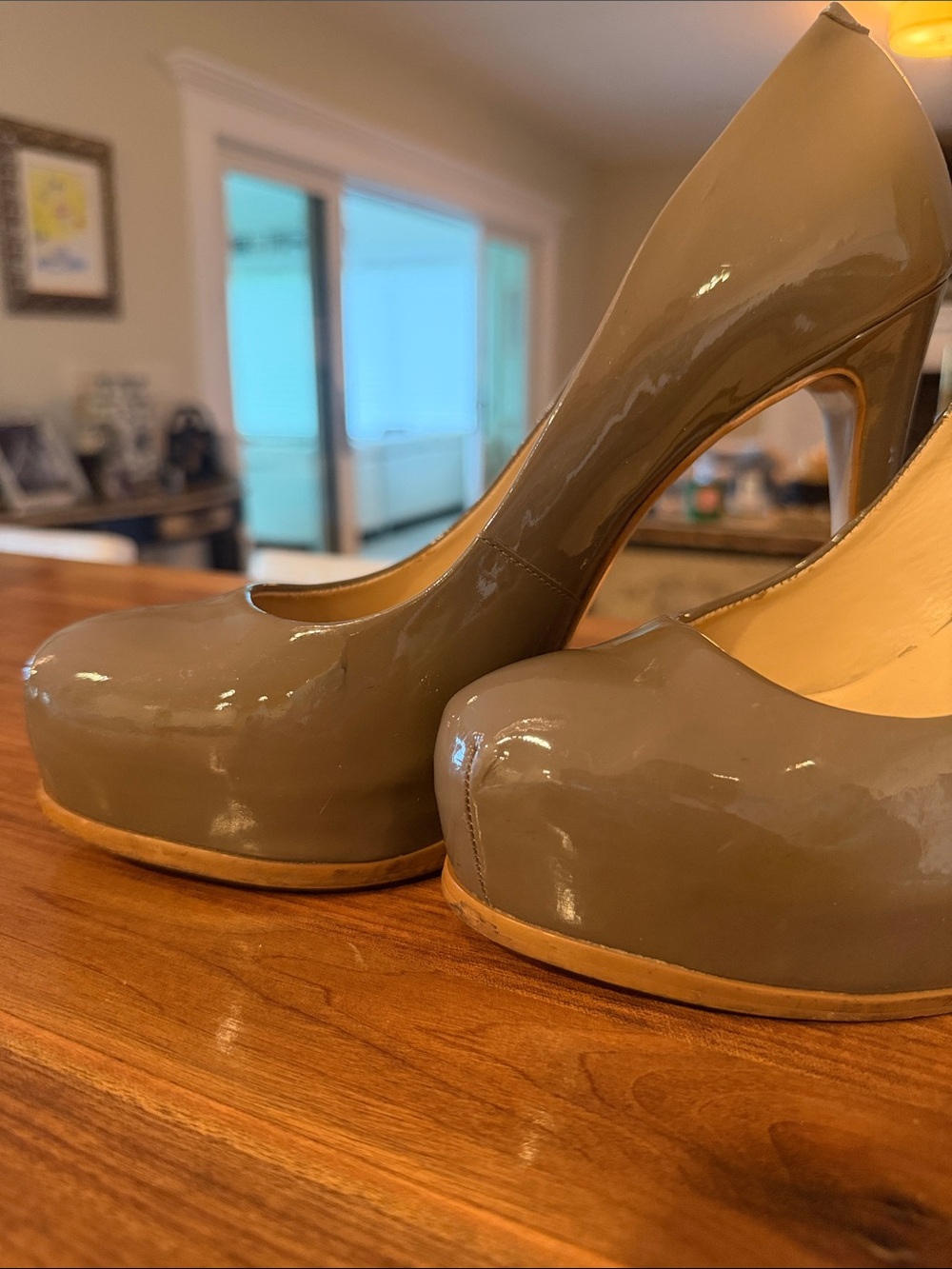 Kelsi Dagger Taupe Patent Round-Toe Platform Heels - Picture 2 of 8